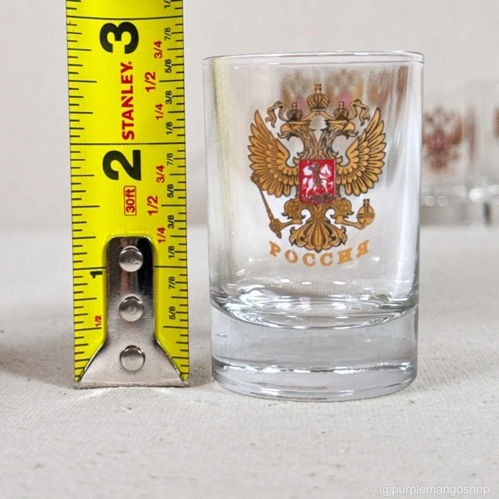 VINTAGE Russian Vodka Shot Glasses 🇷🇺 Gold Double Eagle Crest Barware | 6 PCS.